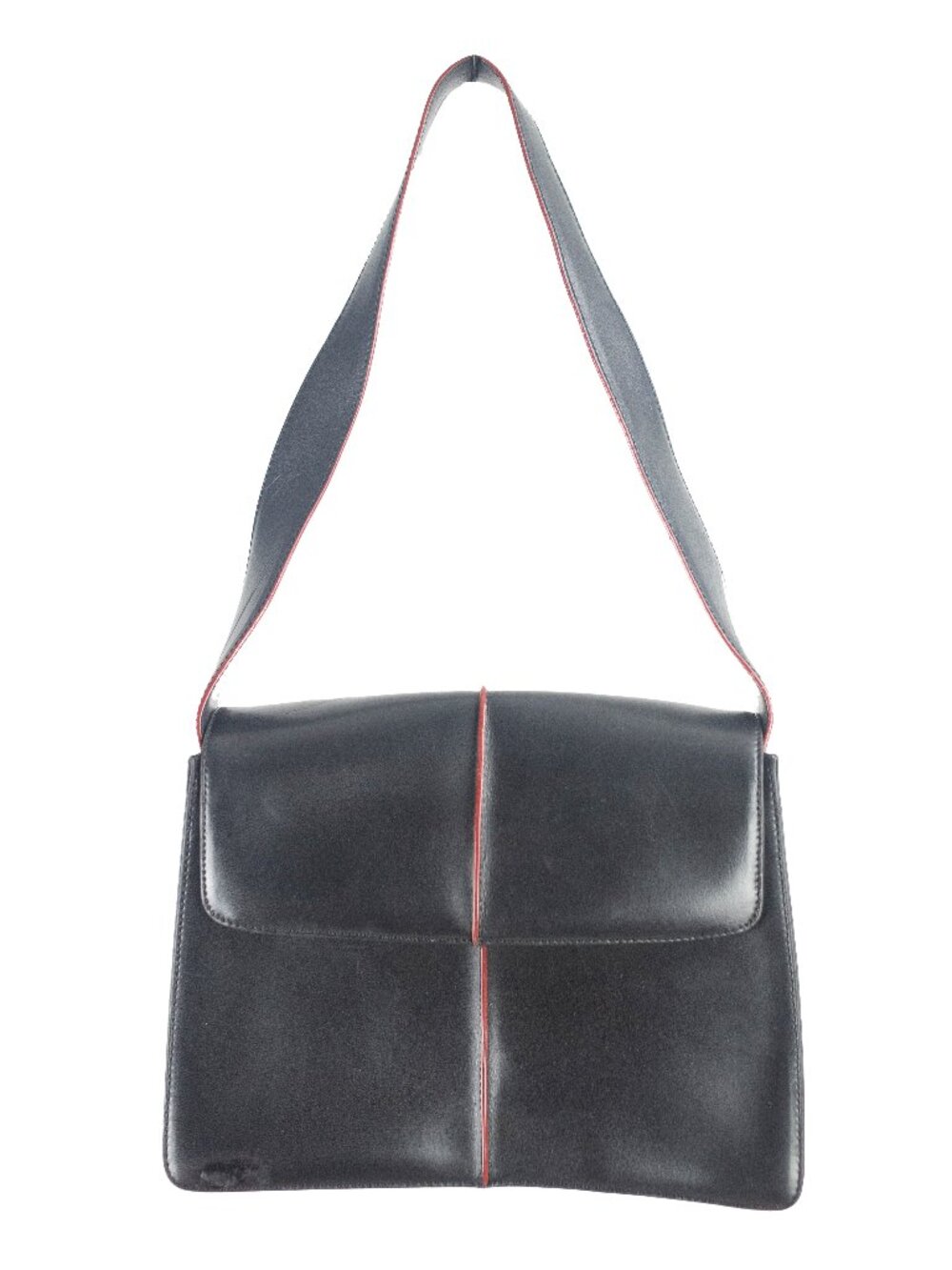 Black Leather Shoulder Bag with Red Piping Detail